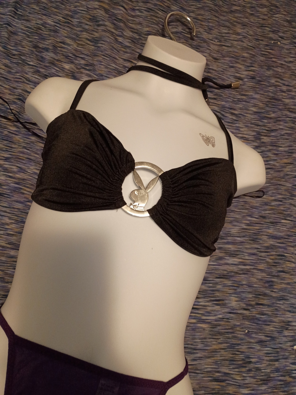 PLAYBOY Black Bikini Top with Silver Big Playboy Ring Logo